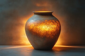 Wall Mural - Illuminated earthenware vase, warm glow.