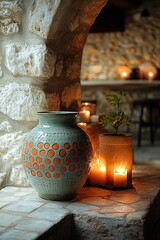 Sticker - Stone wall, pottery, candles, plant, warm light.