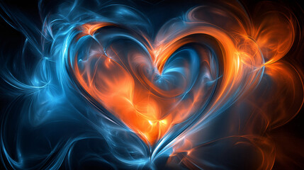 Aufkleber - Fiery orange-blue flames forming passionate heart silhouette, symbolizing romantic love