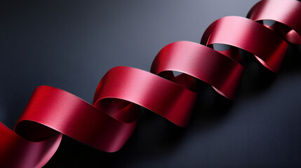 Aufkleber - Crimson satin ribbon curling softly, flowing with delicate movement against deep shadowy backdrop, suggesting passionate valentines mood
