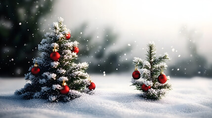 Wall Mural - small snow-covered christmas tree with red baubles