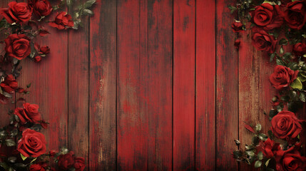 Poster - Red roses and leaves creating a border on a rustic red wooden background, ideal for Valentine's Day projects