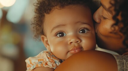 Adorable african american small infant daughter looking at camera in moms arms. Happy young caucasian mother hugging kissing cute mixed race ethnic little 4 months baby girl, close up face portrait.