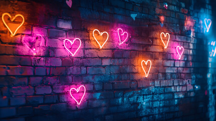 Poster - Glowing pink, orange neon hearts adorning weathered brick wall, evoking romantic mood for Valentine's Day evening