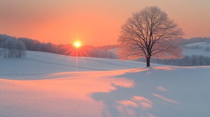 Poster - Sunset, snowy landscape, lone tree, winter scene.