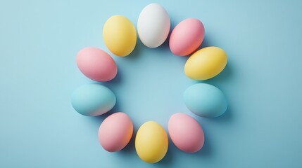 Wall Mural - Colorful easter egg arrangement on blue background for holiday celebration decor