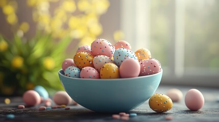 Wall Mural - Colorful easter candy and eggs in blue bowl with spring decorations