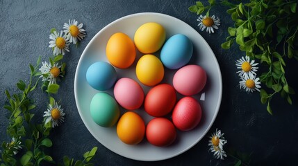 Wall Mural - Vibrant easter celebration with colorful dyed eggs surrounded by flowers