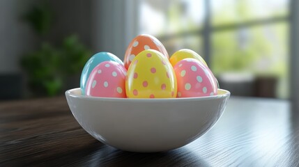 Wall Mural - Colorful easter eggs in bowl on table with blurred background