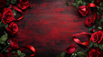 Poster - Romantic valentine composition featuring deep red roses and silky ribbons draped across weathered wooden surface, evoking intimate love mood