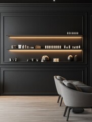 Wall Mural - An interior mockup of a stylish salon with a shelf with accessories and armchairs.