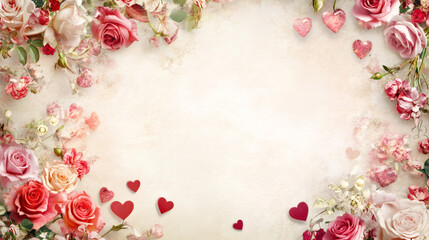 Poster - Romantic background perfect for Valentine's Day projects, featuring a blank space surrounded by roses and hearts