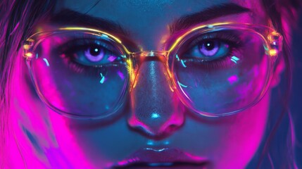 Wall Mural - Close-up portrait of a woman wearing glasses illuminated by vibrant neon lights