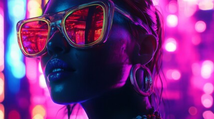 Wall Mural - Woman in Neon City Lights at Night