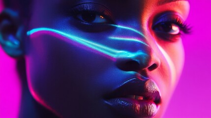 Wall Mural - Close-up Portrait of a Woman with Neon Makeup and Glowing Lines