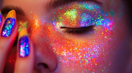 Wall Mural - Close-up of a woman's face and hands adorned with vibrant, iridescent glitter makeup