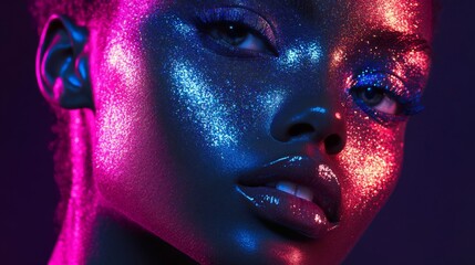 Wall Mural - Close-up portrait of a woman with vibrant glitter makeup, cosmic and sparkling, pink and blue hues, dark background