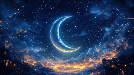 Wall Mural - Crescent moon, starry night, glowing town.