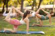 © JackF - During street workout, yoga practice on lawn in public park, group of girls work with bodies and do carry out eka Padahastasana Marjariasana exercise. Girls attend outdoor yoga lesson in park