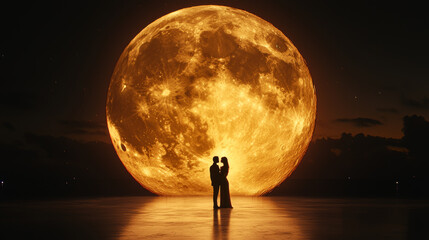 valentine's day stargazing. silhouetted couple embraces under giant, glowing full moon