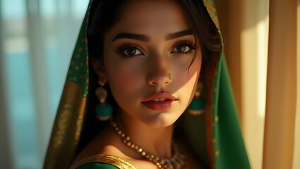 Hyperrealistic portrait of a young Desi woman in traditional attire, showcasing cultural heritage and beauty - ideal for cultural events, fashion magazines, and beauty campaigns