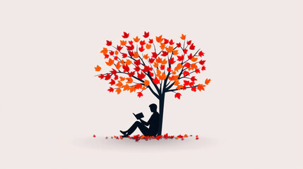 Poster - sadness, A person sits peacefully beneath a tree, surrounded by fallen leaves, captured in high fidelity, showcasing nature's serene beauty.