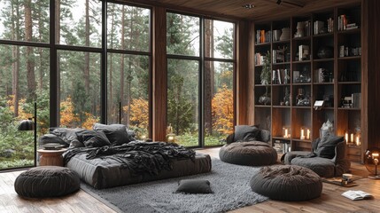 Wall Mural - Bedroom with view of forest, shelves and beanbags