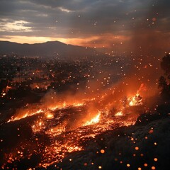 Wall Mural - Wildfire raging, city lights below, fiery embers.