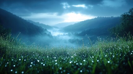 Poster - Dew-kissed grass, misty mountains, serene dawn.