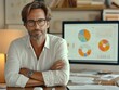 © Phoenix AI Photo - A professional leaning against a desk, arms crossed while analyzing colorful graphs on a large monitor, relaxed and confident posture, bright digital visuals, and focused strategy