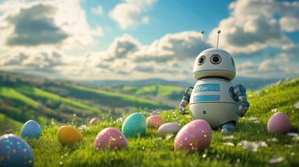 Cute robot exploring a spring meadow with colorful easter eggs