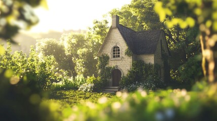 Wall Mural - Idyllic stone cottage nestled in lush green foliage, bathed in warm sunlight.