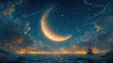 Wall Mural - Ships sail under crescent moon, starry night.