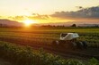 © InfiniteStudio - Farming robot operates in the fields during sunset, showcasing agricultural technology and innovation