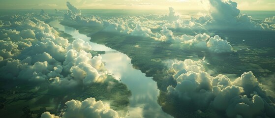 Wall Mural - Aerial view of a serene river winding through lush green landscapes under a cloudy sky