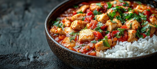 Wall Mural - Chicken stew with rice, close-up view. Dark background. Recipe illustration