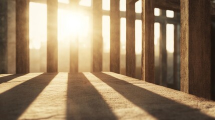 Sunset light through wooden frame casting shadows on ground.