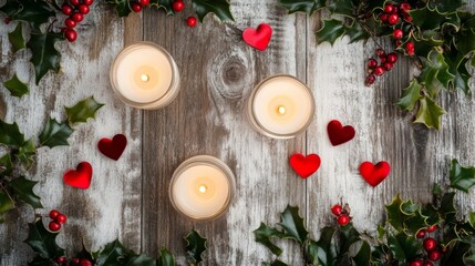 Wall Mural - Decorative candles surrounded by red hearts, holly leaves, and berries create a warm atmosphere for a festive celebration