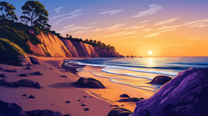 Poster - Panoramic sunset view of serene beach cove with calm water, smooth sand, and rocky shore. Twilight Cove. Illustration