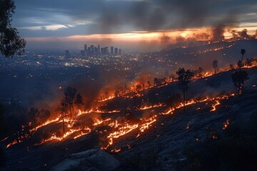 Wall Mural - Wildfire raging, city skyline ablaze at dusk.