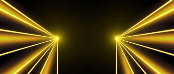 Wall Mural - yellow laser beams, concert or nightclub spotlights light effect. lasers in motion, abstract perspec