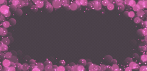 Sticker - Pink bokeh with stars and sparkles, shiny overlay decoration isolated on grey background. Vector illustration.