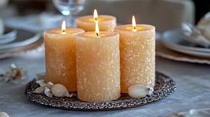 Wall Mural - Candles lit on dish, table set for event