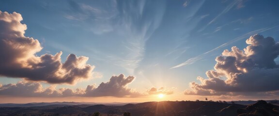 Wall Mural - A bright and airy scene of a clear blue sky with a few wispy clouds against the sun, sunlight filtering through , airy, scenery