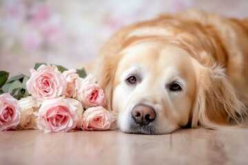 Wall Mural - Golden retriever resting beside pink roses in a soft, blurred floral background