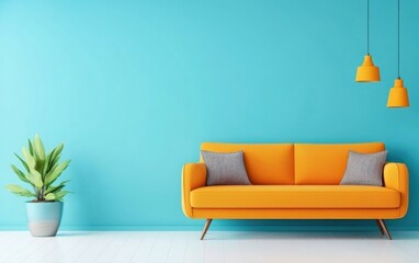 Urban apartment with minimalist decor, accented by a striking orange couch and teal decor items