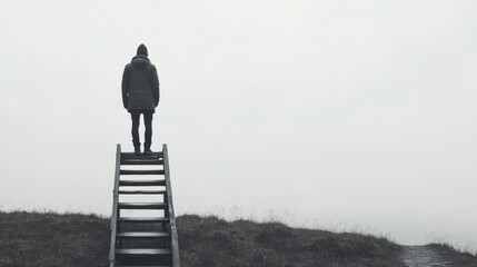 Wall Mural - solitary figure standing on a wooden ladder against a foggy backdrop.
