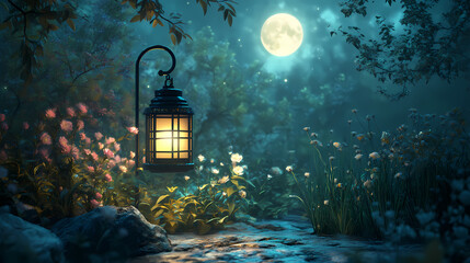 Poster - Illuminated lunar lantern casting an enchanting ethereal glow in a serene tranquil garden landscape under the moonlight the lantern s soft warm light creates a captivating. Lunar Garden. Illustration