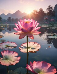 Wall Mural - A majestic pink lotus blooms on the surface of a serene lake as warm sunlight illuminates the surrounding landscape , calm, peaceful