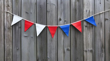 A single, red, white, and blue bunting hanging on a plain, wooden background